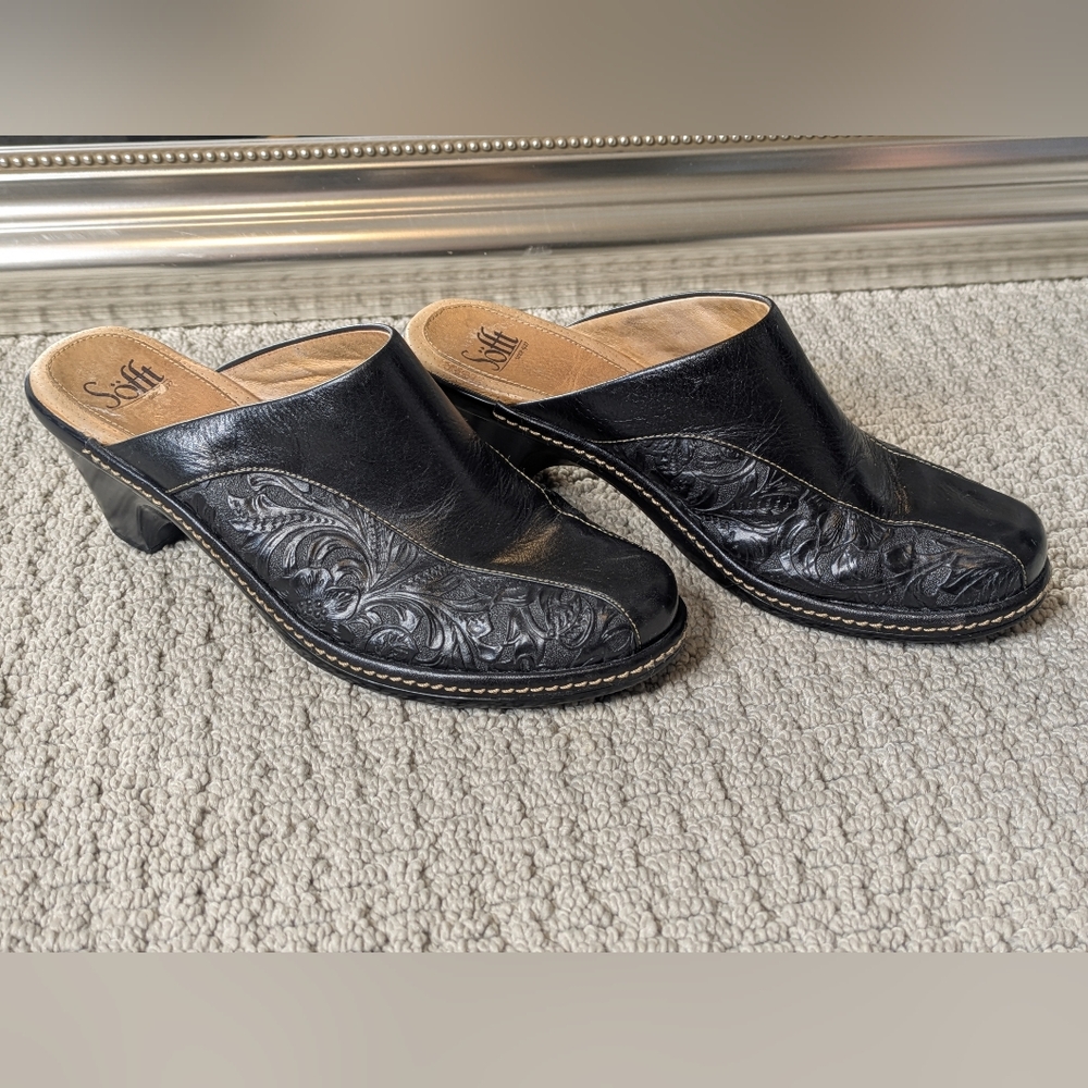 Leather Sofft Western Clog Mule Slip On Shoes Size 8.5M Black Bohemian Spring